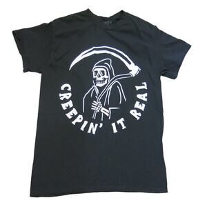 SPIRIT HALLOWEEN Creepin It Real Grim Reaper T Shirt Size S Adult Goth Black